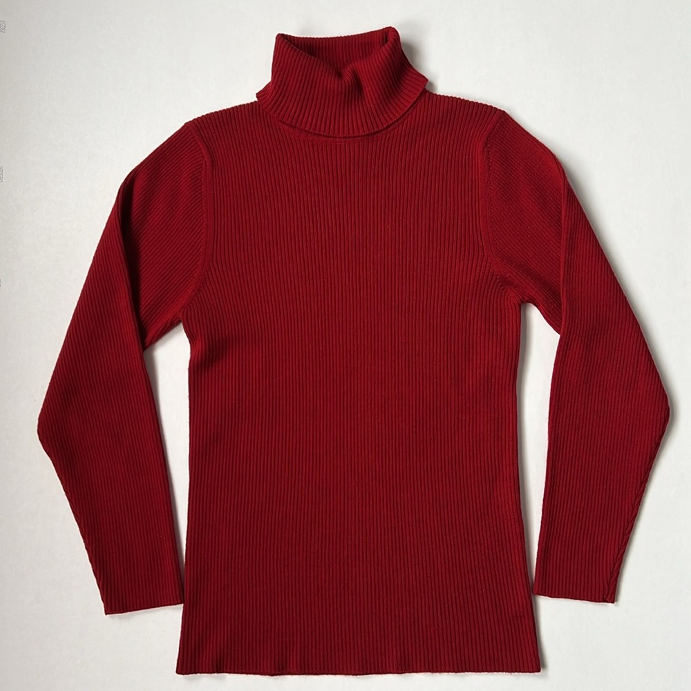 Classic red wool ribbed knit turtleneck sweater